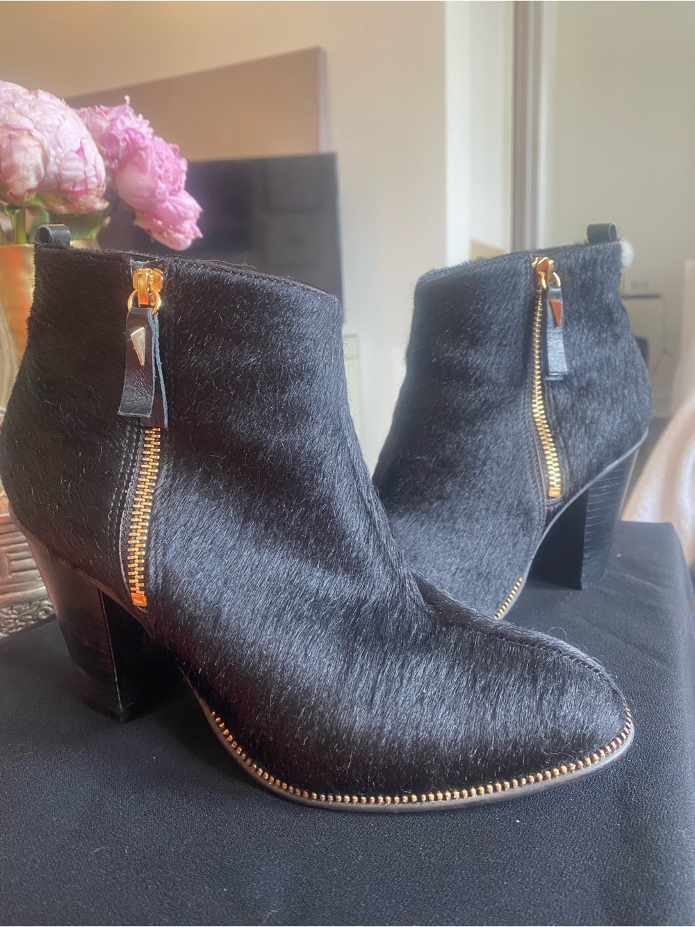 Women's Black Calfhair Ankle Boots with Gold Zipper